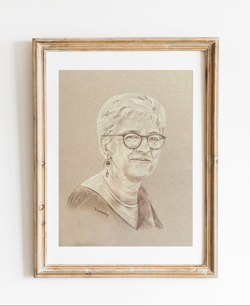 Portrait de Chantal au pastel sec sépia, réalisé sur commande d'après photo