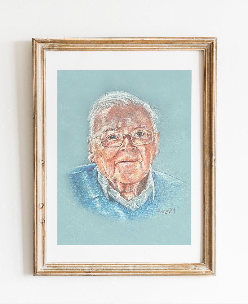 Portrait d'un grand-père au pastel sec en couleurs, réalisé sur commande d'après photo