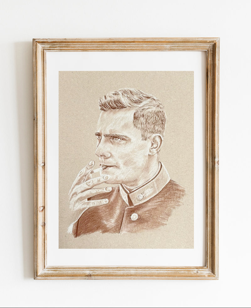 Portrait d'un militaire en uniforme au pastel sec sépia, réalisé sur commande d'après photo
