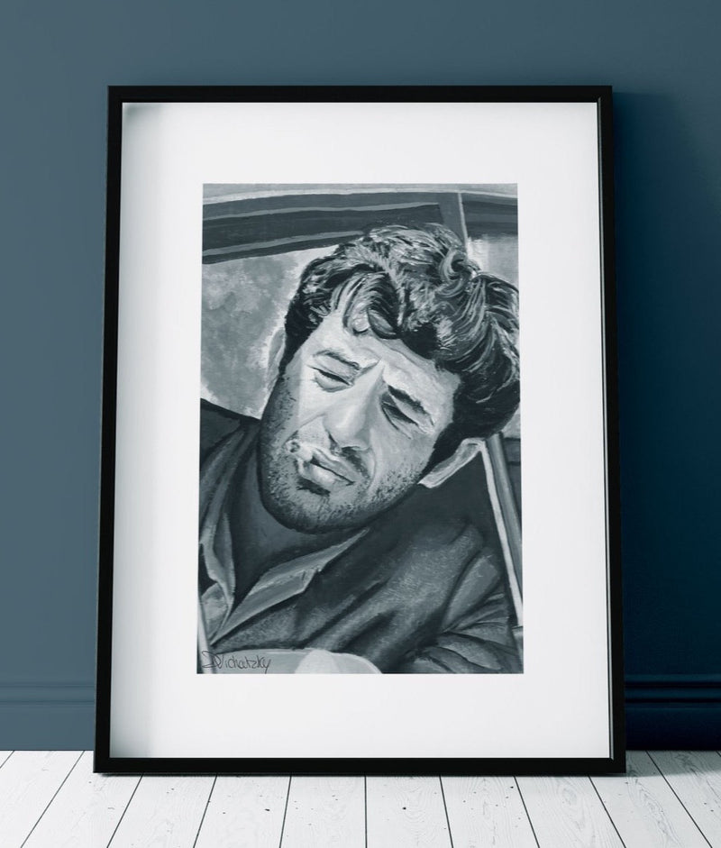 Portrait de Jean-Paul Belmondo dans Pierrot le Fou, peint à la gouache