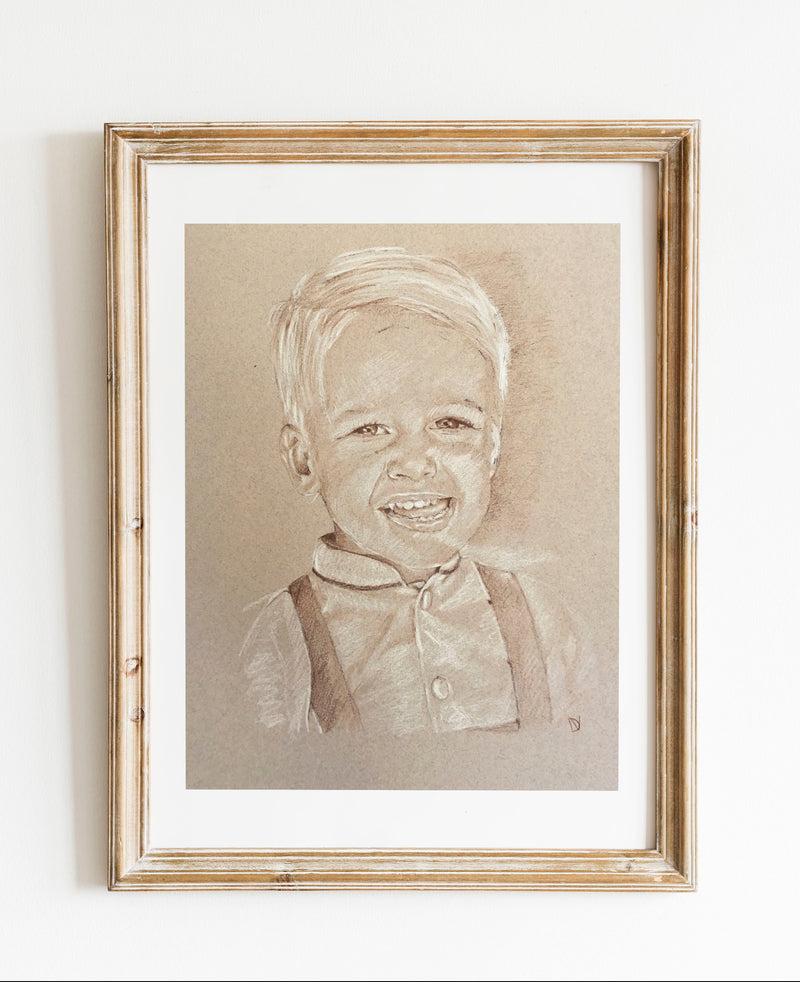 Portrait d'enfant au pastel sec sépia, réalisé sur commande d'après photo