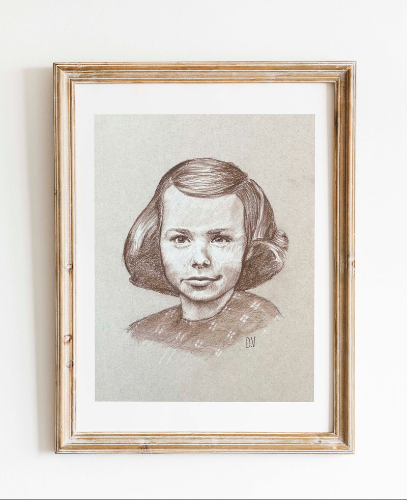 Portrait de Louise au pastel sec sépia, réalisé sur commande d'après photo
