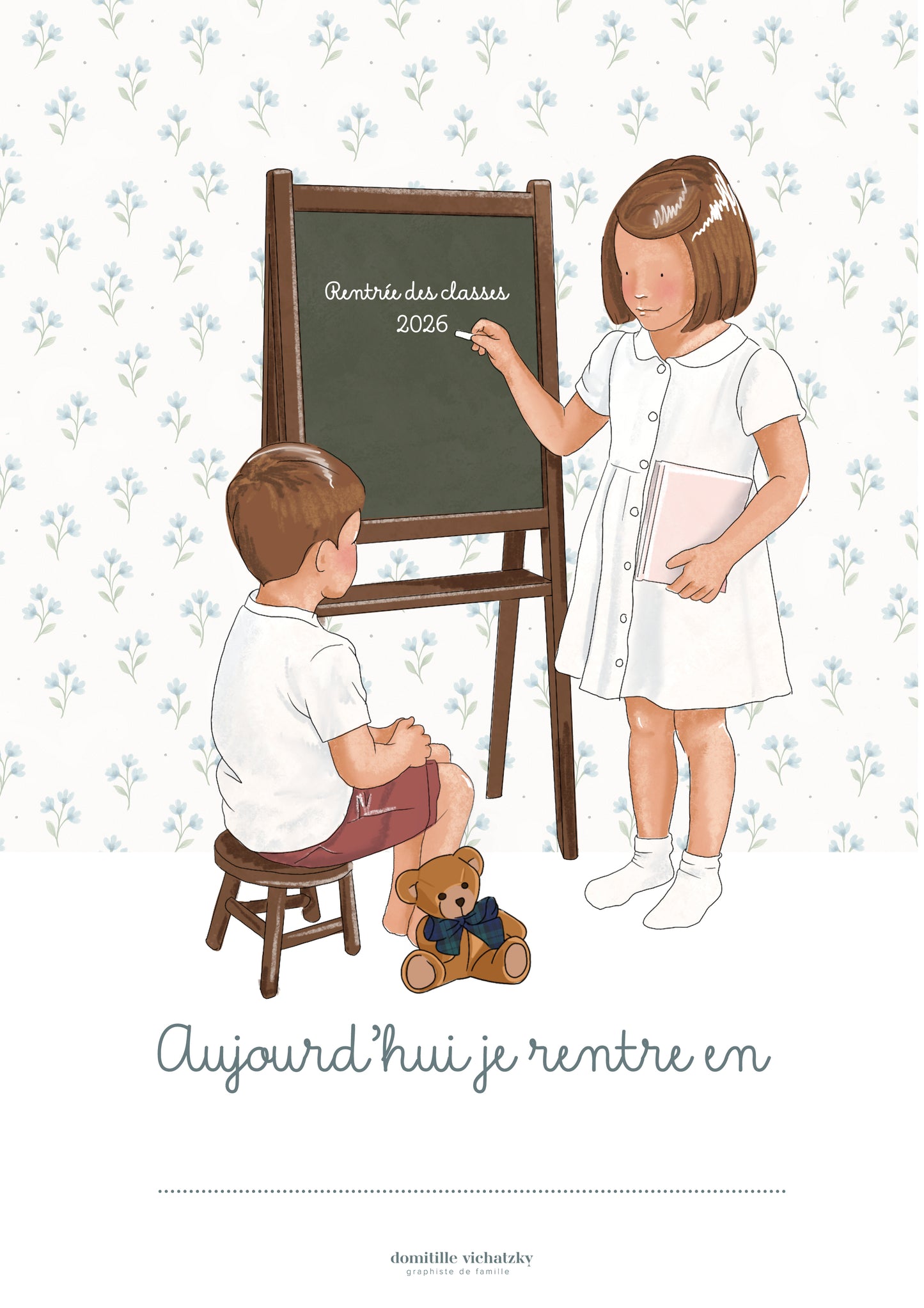 Affiche de rentrée scolaire à imprimer et personnaliser : deux enfants illustrés devant un tableau noir avec la phrase « Aujourd'hui je rentre en... »