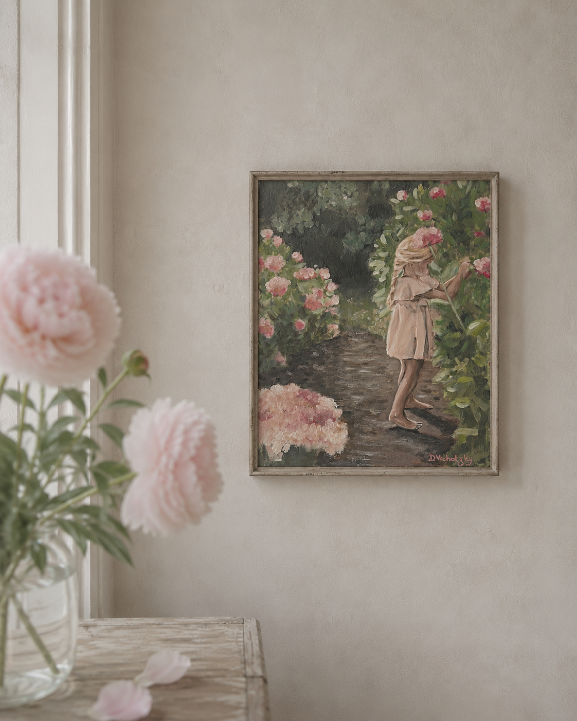 Petite fille aux fleurs - Peinture à l'huile