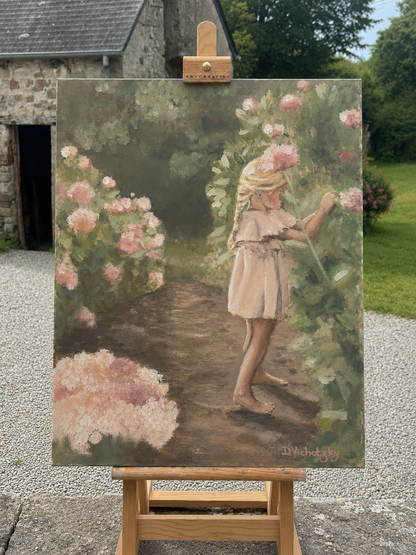 Petite fille aux fleurs - Peinture à l'huile