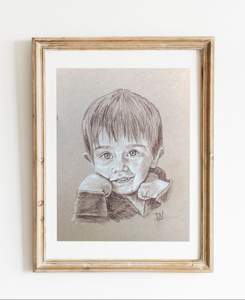 Portrait d'Audren au pastel sec sépia, réalisé sur commande d'après photo