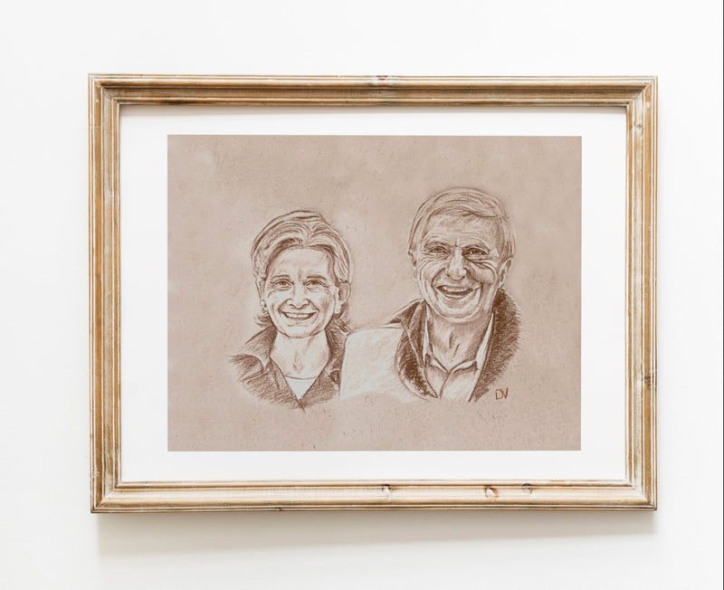 Portrait de couple au pastel sec sépia, réalisé sur commande d'après photo